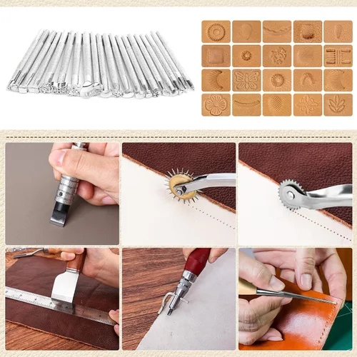Miniatura 4 de ZAMQIU Kit de trabajo de cuero, kit de herramientas de cuero de 155 piezas con estampado de tallado, corte de punzonado, juego de herramientas