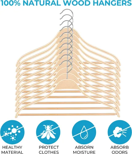Miniatura 3 de JS Hanger Perchas de madera para abrigos, paquete de 10 perchas de madera ligera para abrigos/trajes con barra antideslizante para pantalones