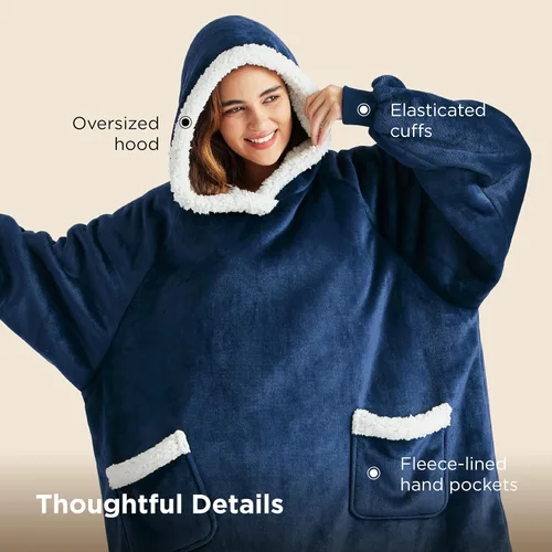 Miniatura 7 de Bedsure - Manta con capucha cálida para mujer, hombre y adolescente, diseño de vellón y sherpa tipo suéter con bolsillos profundos y manga elástica