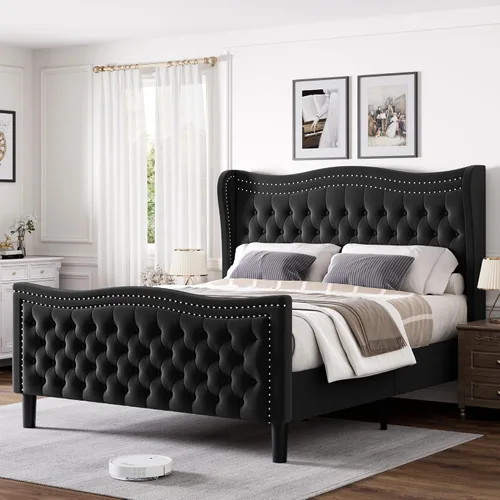 Miniatura 11 de Marco de Cama Queen con Cabecero y Piecero Altos, Marco de Cama Plataforma Tapizada en Terciopelo con Respaldo Acolchado con Botones Profundos Tipo