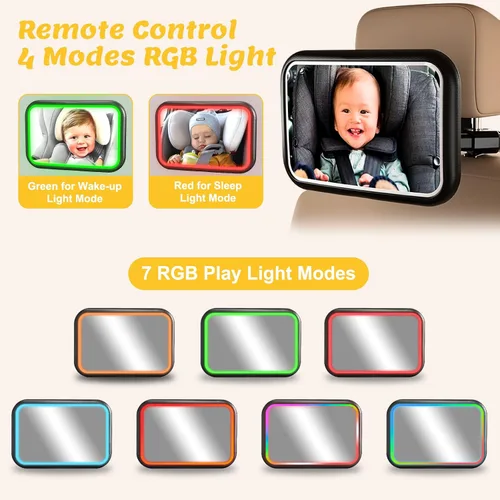Miniatura 5 de Espejo de coche para bebé con luz, 7 luces RGB orientadas hacia atrás, espejo de asiento de coche de bebé con control remoto recargable de rotación