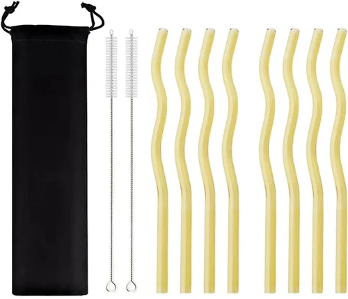 Miniatura 11 de JASHII Pajitas de vidrio onduladas incoloras, 8 pajitas de vidrio reutilizables de 7.87 x 0.31 pulgadas con bolsa negra, multicolor para beber