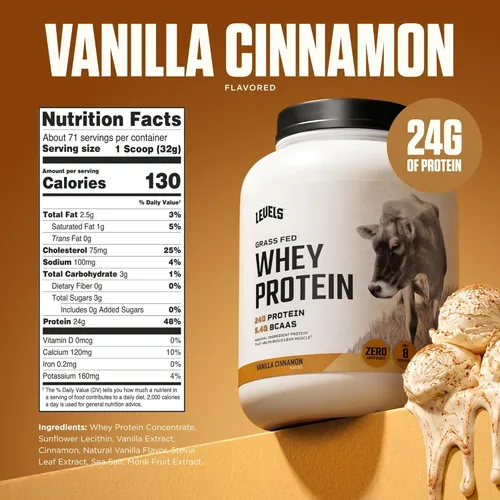 Miniatura 3 de Levels - Concentrado de proteína de suero de leche de ganado alimentado con pasto, sin ingredientes artificiales, 0.85 oz de proteína, vainilla