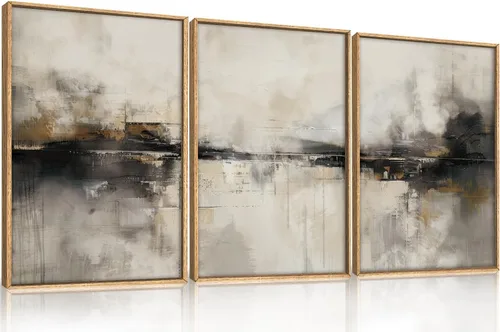 HOURIA Juego de arte de pared en lienzo abstracto grande con marco beige neutro y negro, decoración moderna y minimalista de pared marrón,