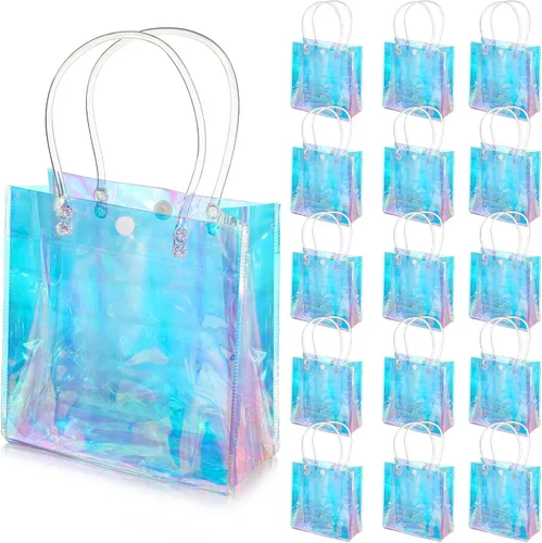 Sherr 16 piezas bolsas de regalo pequeñas holográficas reutilizables iridiscentes transparentes para mujeres, portador de plástico de PVC con asas
