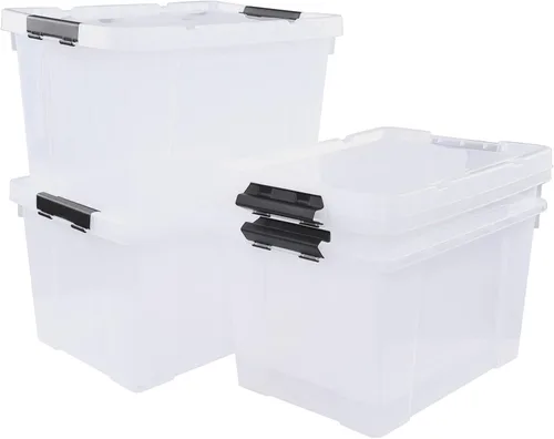 Miniatura 8 de Contenedores de almacenamiento de plástico apilables de 22 cuartos de galón con tapas y hebillas de cierre, paquete de 4 cajas organizadoras