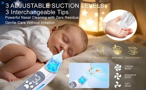 Miniatura 2 de Aspirador nasal eléctrico para bebé, ventosa de nariz impermeable para niños pequeños, limpiador de nariz con 3 puntas de silicona, 3 niveles