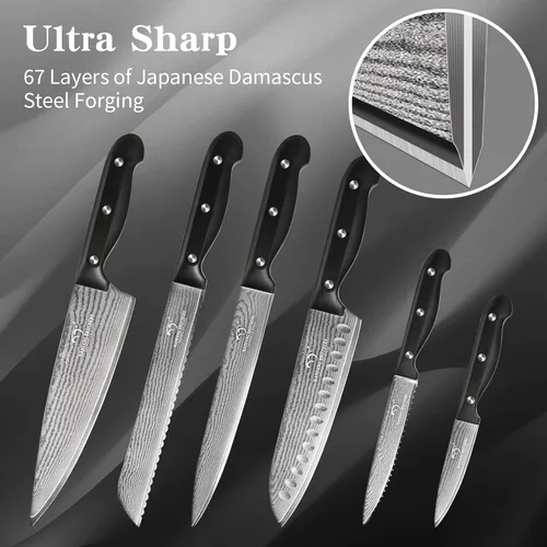 Miniatura 4 de NANFANG BROTHERS 9-Piece Damascus Kitchen Knife Set, 67-Layer VG10 Japanese Steel, Professional Chef Knives with Compact Wooden Block