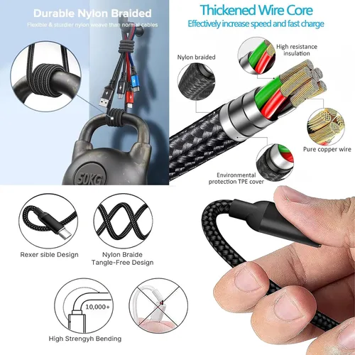 Miniatura 8 de Juego de cables de carga USB multifunción, paquete de 3 cables trenzados de nailon 3 en 1, múltiples cables de carga rápida para el hogar, oficina