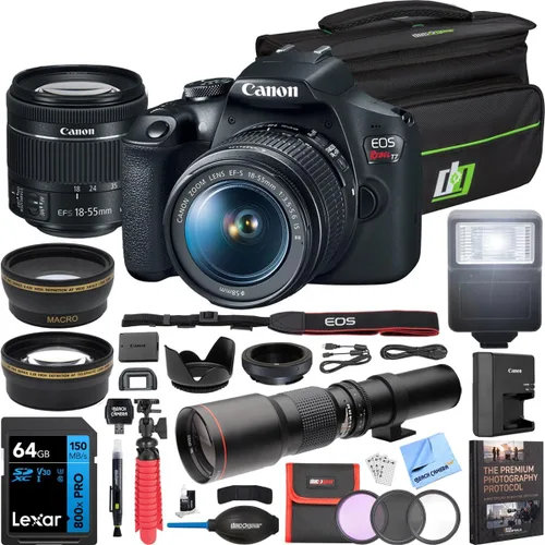 Canon EOS Rebel T7 - Cámara réflex digital 18-55 mm f/3.5-5.6 is II Kit Bundle con lente telefoto preestablecida de 500 mm, tarjeta de memoria de 32