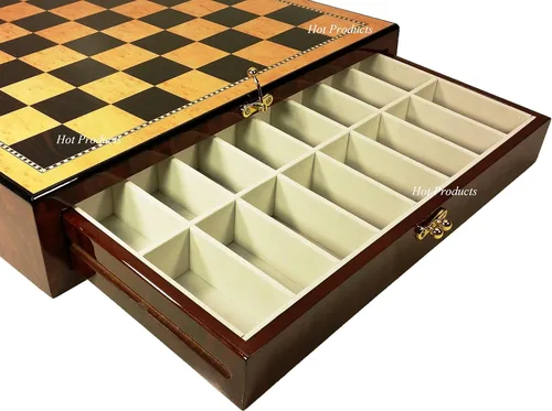 Miniatura 2 de Juego de ajedrez de reinas de la guerra civil estadounidense con tablero de almacenamiento de color nogal y arce de 17 pulgadas de alto brillo