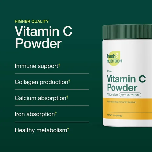 Miniatura 3 de Fresh Nutrition Suplemento de vitamina C en polvo de 1 libra, apoyo inmunológico puro y potente, 1000 mg por cucharada, delicioso sabor, vegano, sin
