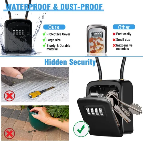 Miniatura 3 de Caja de cerradura de llave con combinación de 4 dígitos, caja fuerte portátil con cable extraíble, caja de almacenamiento de llaves impermeable
