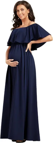 Ever-Pretty Vestido casual de maternidad con hombros descubiertos y mangas abullonadas con cintura fruncida en una línea hasta el suelo 01802-EY
