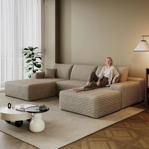 Miniatura 37 de Sofá modular en forma de L de 96 pulgadas con diván, moderno y cómodo sofá de pana para sala de estar, sofá de espuma viscoelástica, no requiere