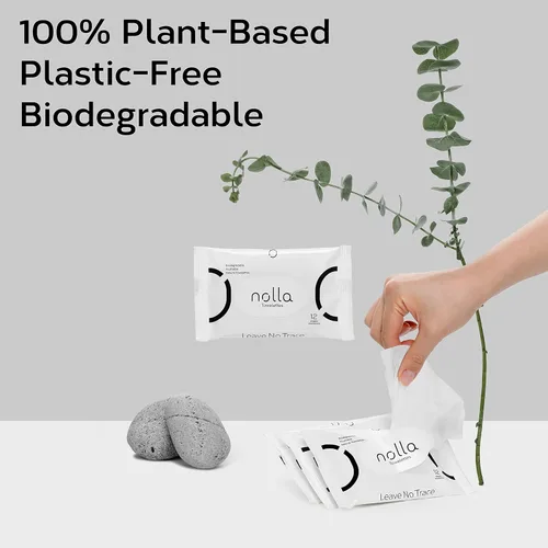 Miniatura 6 de Nolla Toallitas desechables de viaje, 100% a base de plantas, sin plástico y biodegradables, sin perfume, aloe calmante y vitamina E, 120