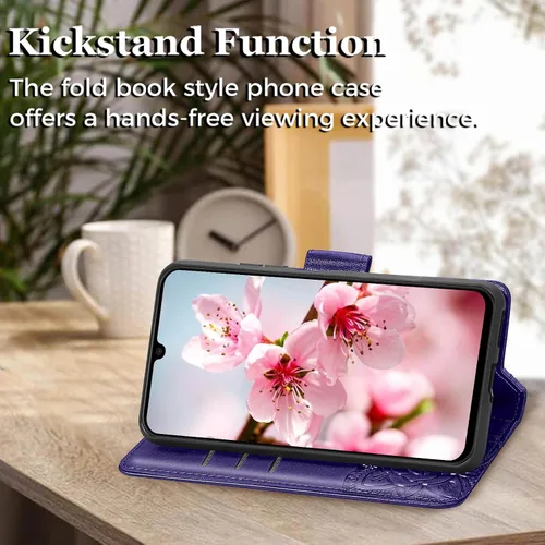 Miniatura 3 de Funda para teléfono Galaxy A14 5G, cartera con tapa para mujer, de piel sintética en relieve de mariposa con tarjeteros de crédito, correa de Púrpura