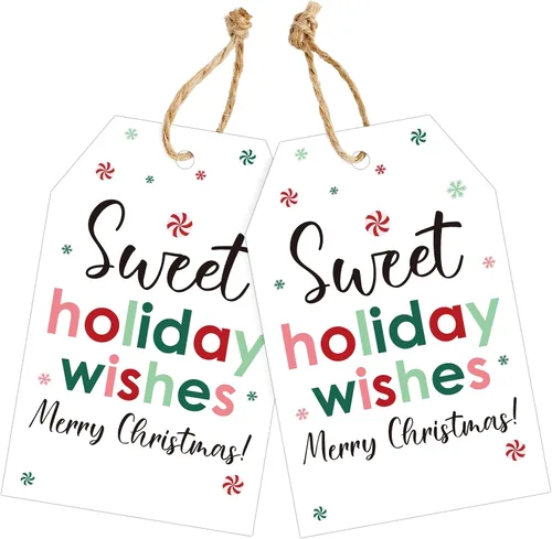 Miniatura 10 de joycraft 50 etiquetas de Feliz Navidad con cuerda - 3.3 x 2.1 pulgadas etiquetas blancas de papel con calcetín navideño, etiquetas colgantes