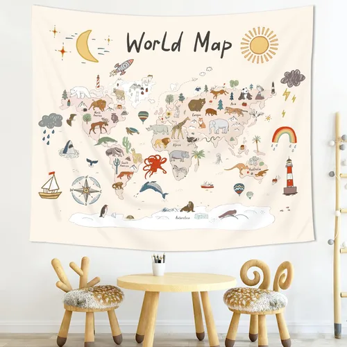 Miniatura 2 de Imirell Tapiz de mapa del mundo para niños, 59 pulgadas de ancho x 51 pulgadas de alto, lindo animal de dibujos animados, herramienta de aprendizaje