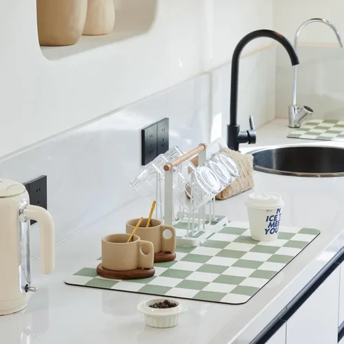 Miniatura 14 de Ohocut Tapete de secado de platos a cuadros para encimera de cocina, accesorios de estación de cafetería, estética, retro, moderna, absorbente