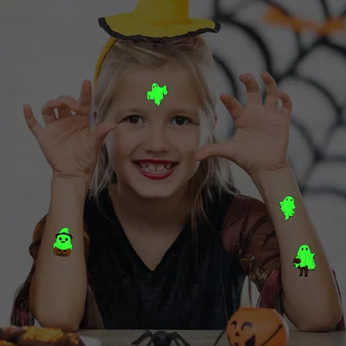 Miniatura 2 de 60 piezas de tatuajes temporales de Halloween que brillan en la oscuridad para niños, calcomanías luminosas de fantasma, monstruo para niños