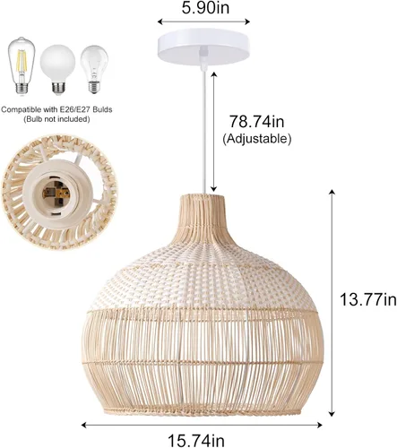 Miniatura 4 de Arturesthome Lámpara colgante de ratán tejida a mano blanca, lámpara de techo colgante de mimbre, pantalla de cesta tejida hecha a mano para isla