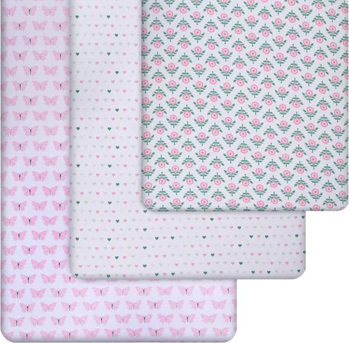 Miniatura 3 de GROW WILD Juego de 3 sábanas para cuna, suaves y elásticas, de algodón, para cuna, para niñas, lindas sábanas para bebé niña (corazones y flores)