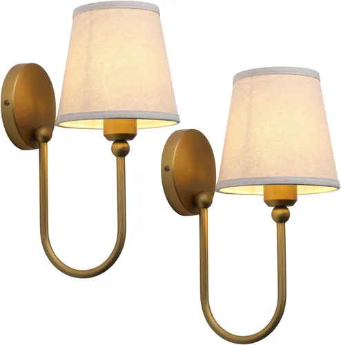 Pathson Antique Linen Fabric Wall Sconces Set of 2, Hardwired Curved Arm Bathroom Vanity Light, Indoor Wall Decor Lamp for Living Room, Kitchen,