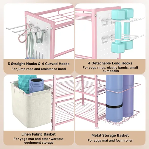 Miniatura 6 de Estante para mancuernas, almacenamiento de gimnasio en casa para pesas rusas, esterilla de yoga y equipo de entrenamiento de fuerza, estante de Rosa
