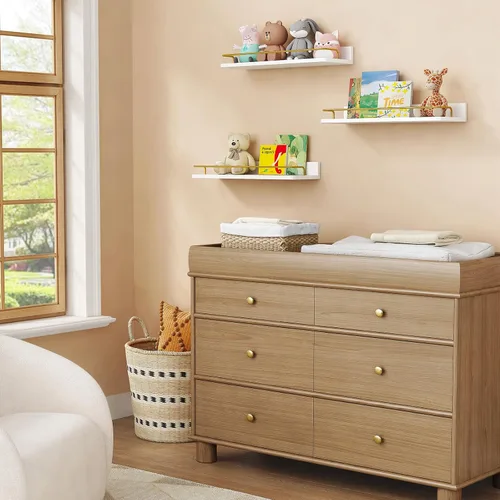Miniatura 7 de Forbena Juego de 3 estantes flotantes dorados para decoración de pared, estantes de baño sobre el inodoro, estante de pared moderno con riel Blanco