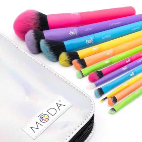 Miniatura 5 de MODA Juego de 13 brochas de maquillaje totalmente eléctricas, pinceles de neón coloridos con estuche de viaje holográfico, kit vegano de cara
