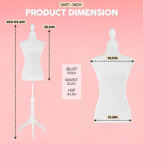 Miniatura 6 de Forma de vestido de maniquí de 49.6 a 63.7 pulgadas, altura ajustable, cuerpo de maniquí, espuma de alta densidad con trípode de madera, base
