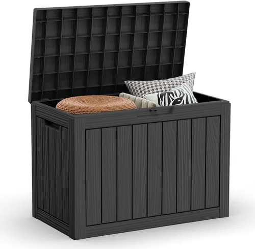 Miniatura 29 de Caja de cubierta para exteriores de 120 galones, cajas de almacenamiento impermeables con cerradura para herramientas de jardín, cojines de Gris