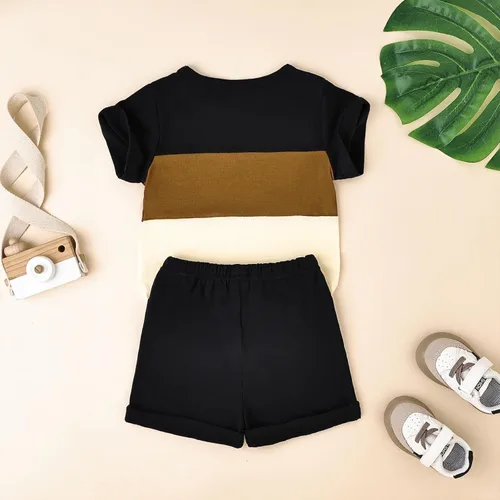 Miniatura 86 de Ropa para bebé niño pequeño, trajes de verano de manga corta, camiseta de retazos y pantalón con bolsillo, conjunto de 2 piezas, 12 meses a 4 años