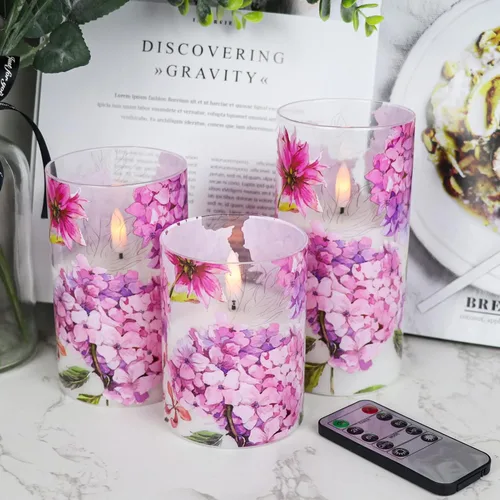 Miniatura 13 de Velas de Cristal de Hortensias Sin Llama con Temporizador Remoto Operadas con Batería Velas LED Parpadeantes de Pilar de Cera Real Decoración