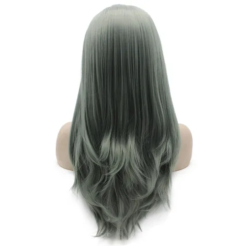 Miniatura 4 de Mxangel - Peluca de encaje frontal de fibra resistente al calor, natural, larga, recta, verde oscuro, gris