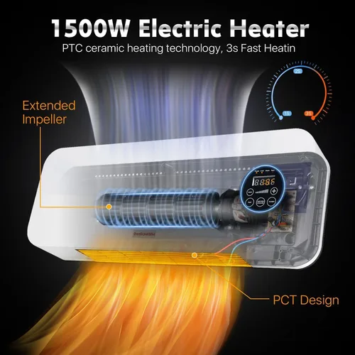 Miniatura 2 de Calentador Eléctrico de Cerámica PTC de 1500W Montado en Pared con Control Remoto, Pantalla LED, Termostato Ajustable, Protección Contra