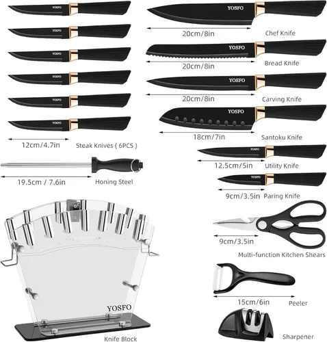 Miniatura 2 de Juego de cuchillos de cocina con bloque y afilador, juego de 17 cuchillos de acero inoxidable incluye juego de cuchillos de carne dentados