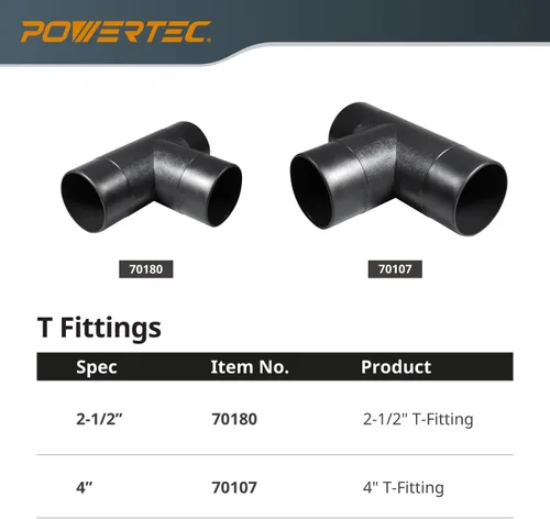 Miniatura 6 de POWERTEC 70107V 4" T-Fitting para manguera de recolección de polvo, 1 paquete