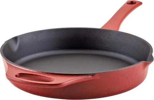 Rachael Ray NITRO - Sartén de hierro fundido con mango auxiliar y boquillas de vertido, 10 pulgadas, color rojo