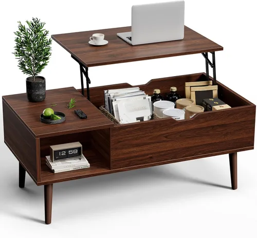 Miniatura 8 de OLIXIS Mesa de Centro de Café de Madera con Tapa Elevable con Compartimento Oculto y Estante de Almacenamiento Grande, Mesa de Comedor Central
