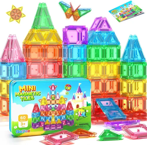 Soyee Mini azulejos magnéticos de viaje, 60 piezas con estuche de lata de metal, juguetes esenciales de viaje, juguetes de viaje para niños