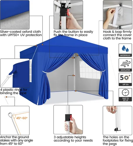 Miniatura 4 de Yaheetech Toldo desplegable de 8 x 8 con 4 paredes laterales extraíbles, tienda instantánea cerrada portátil, tienda de campaña impermeable para Azul