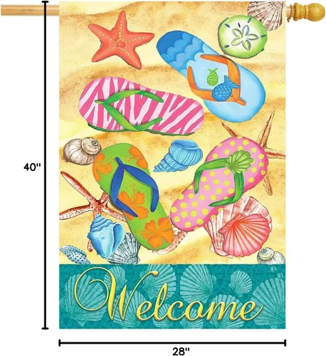 Miniatura 7 de Bandera para casa con diseño de sandalias, 28 x 40 pulgadas, doble cara, diseño tropical de estrella de mar, conchas y arena, letrero de bienvenida