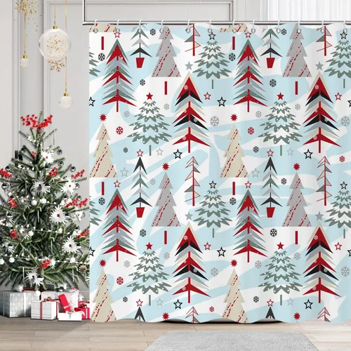 Cortina de ducha azul con texto en inglés «Merry Christmas», con diseño de árbol de Navidad, estrellas rojas, copos de nieve, copos de nieve, Año