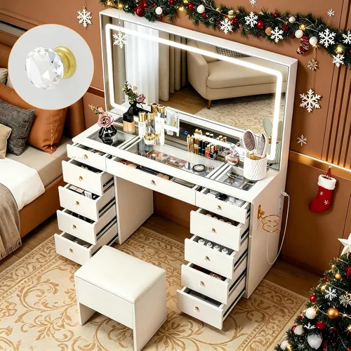 Miniatura 11 de Pamapic - Escritorio de maquillaje con 11 cajones y espejo plegable, tocador de maquillaje con superficie de vidrio y luces LED, 3 modos