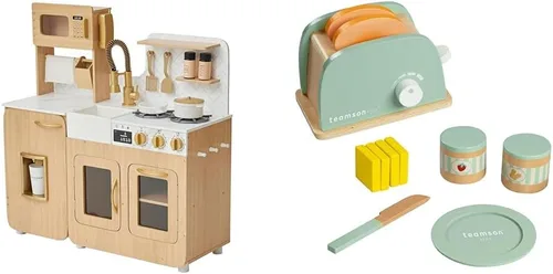 Teamson Kids Juego de tostadora de madera de Chipre con 11 piezas, cocina de simulación para niños pequeños con fregadero, almacenamiento,