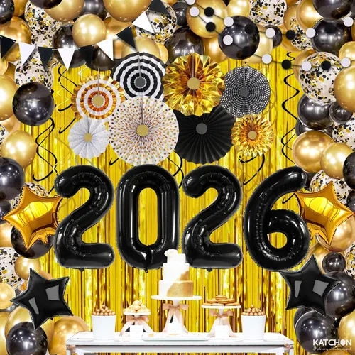 Miniatura 6 de KatchOn, Juego de decoraciones de Año Nuevo 2026 negro y dorado, paquete grande de 115 unidades, kit de arco de globos de Feliz Año Nuevo, globos