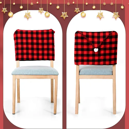 Miniatura 7 de Queekay 6 piezas de fundas traseras de silla de Navidad, protector de silla de comedor de Navidad con diseño de sombrero de Papá Noel, a cuadros