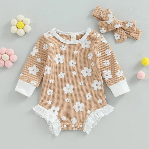 Miniatura 16 de Ropa de bebé recién nacida, sudadera floral de manga larga, mameluco con volantes, diadema de gofre, traje de otoño de una pieza